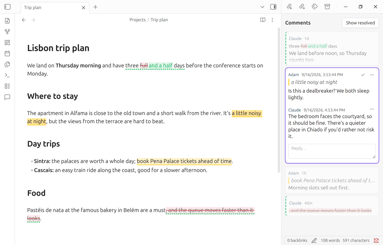 A note with highlighted comments and suggested edits shown in place, next to the comment sidebar